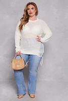 Womens Plus Size Distressed Crew Neck Sweater, White, Size 3X