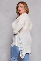 Womens Plus Size Distressed Crew Neck Sweater, White, Size 3X