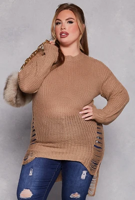 Womens Plus Size Distressed Crew Neck Sweater, Beige, Size 2X
