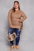 Womens Plus Size Distressed Crew Neck Sweater, Beige, Size 2X