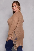 Womens Plus Size Distressed Crew Neck Sweater, Beige, Size 2X