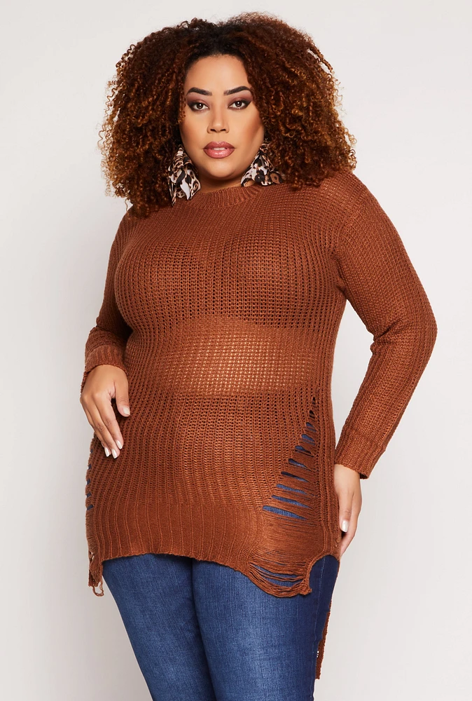 Womens Plus Size Distressed Crew Neck Sweater, Brown, Size 2X