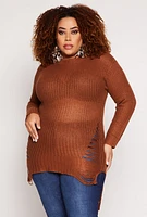 Womens Plus Size Distressed Crew Neck Sweater, Brown, Size 2X