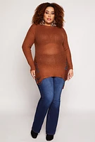 Womens Plus Size Distressed Crew Neck Sweater, Brown, Size 2X