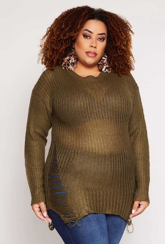 Womens Plus Size Distressed Crew Neck Sweater, Green, Size 2X