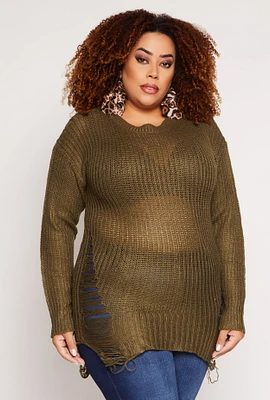 Womens Plus Size Distressed Crew Neck Sweater, Green, Size 2X