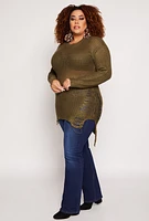 Womens Plus Size Distressed Crew Neck Sweater, Green, Size 1X