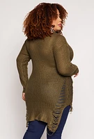 Womens Plus Size Distressed Crew Neck Sweater, Green, Size 2X