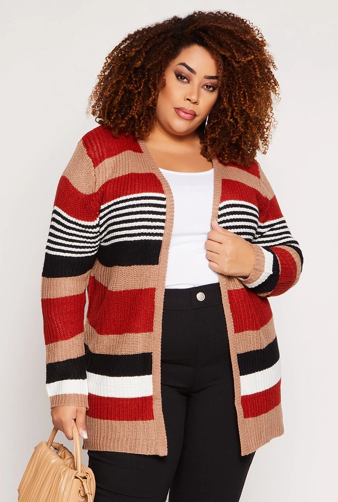 Womens Plus Striped Open Front Cardigan,