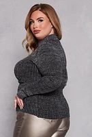 Womens Plus Size Lurex Ribbed Mock Neck Sweater, Grey, Size 1X