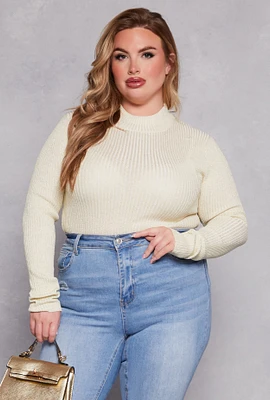 Womens Plus Size Lurex Ribbed Mock Neck Sweater, White, Size 1X
