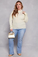 Womens Plus Size Lurex Ribbed Mock Neck Sweater, White, Size 2X