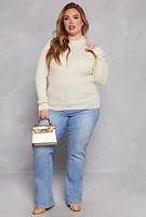 Womens Plus Size Lurex Ribbed Mock Neck Sweater, White, Size 1X