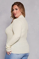 Womens Plus Size Lurex Ribbed Mock Neck Sweater, White, Size 1X