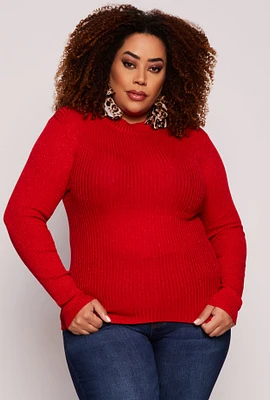 Womens Plus Size Lurex Ribbed Mock Neck Sweater, Red, Size 2X