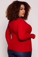 Womens Plus Size Lurex Ribbed Mock Neck Sweater, Red, Size 1X