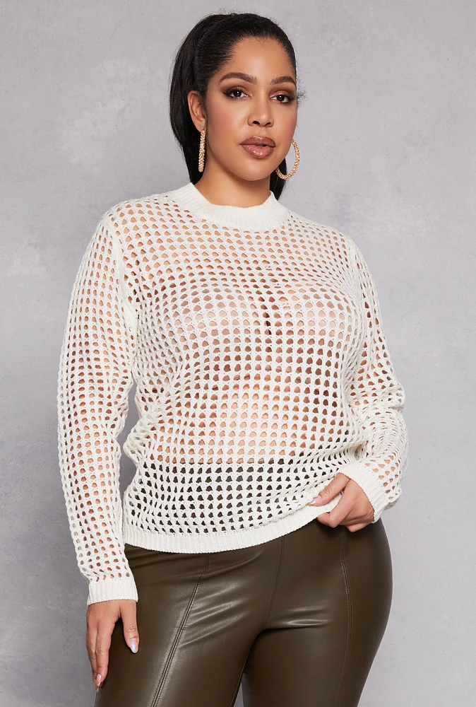 Womens Plus Size Crochet Long Sleeve Top, White, Size 2X