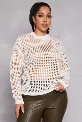 Womens Plus Size Crochet Long Sleeve Top, White, Size 2X