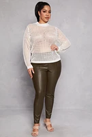 Womens Plus Size Crochet Long Sleeve Top, White, Size 2X