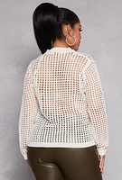 Womens Plus Size Crochet Long Sleeve Top, White, Size 2X