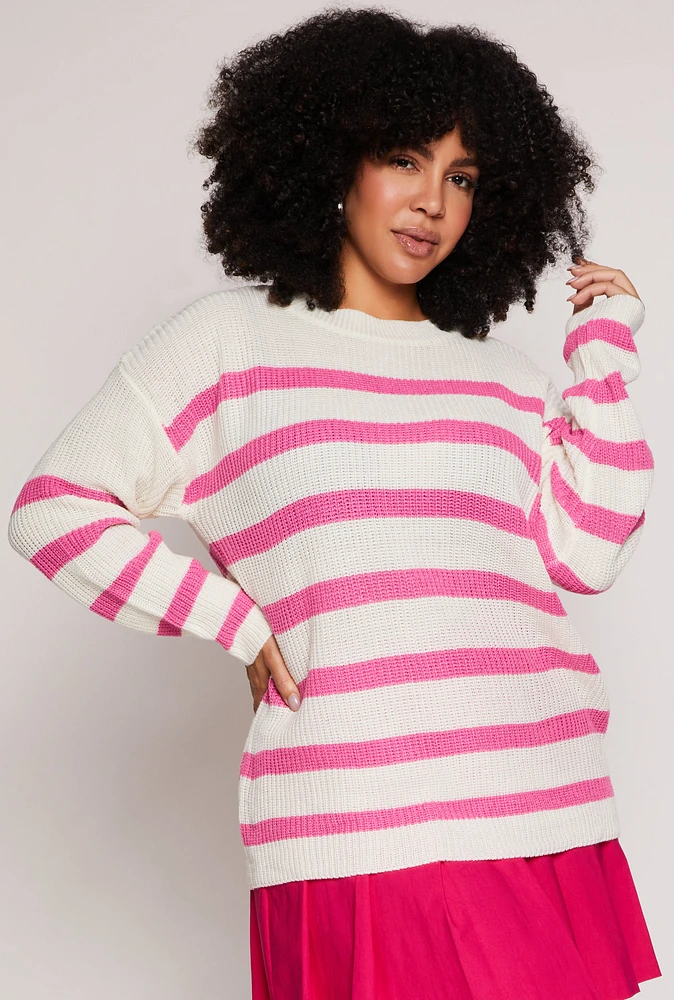 Womens Plus Size Striped Knit Pullover Sweater, Pink, Size 2X