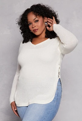 Womens Plus Waffle Knit Caged Side Sweater, White,