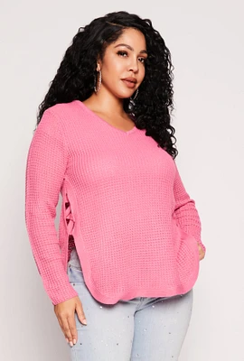 Womens Plus Size Waffle Knit Caged Side Sweater, Pink, Size 2X