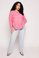 Womens Plus Size Waffle Knit Caged Side Sweater, Pink, Size 2X