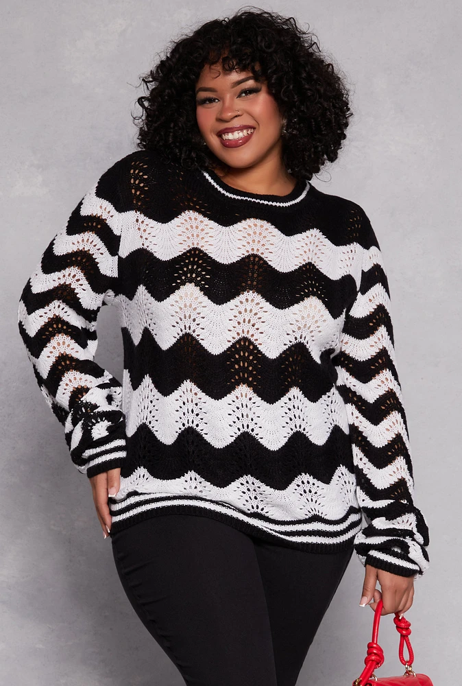 Womens Plus Chevron Pointelle Knit Sweater, Multi,