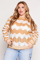 Womens Plus Size Chevron Pointelle Knit Sweater, Beige, Size 3X