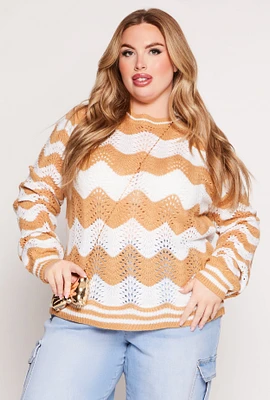 Womens Plus Size Chevron Pointelle Knit Sweater, Multi, Size 1X