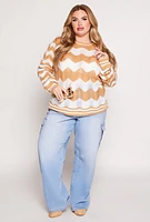 Womens Plus Size Chevron Pointelle Knit Sweater, Beige, Size 3X