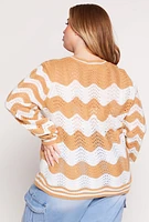 Womens Plus Size Chevron Pointelle Knit Sweater, Beige, Size 3X