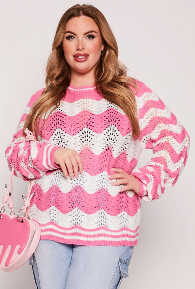 Womens Plus Size Chevron Pointelle Knit Sweater, Pink, Size 3X