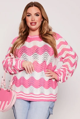 Womens Plus Size Chevron Pointelle Knit Sweater, Pink, Size 3X