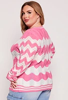 Womens Plus Size Chevron Pointelle Knit Sweater, Pink, Size 3X