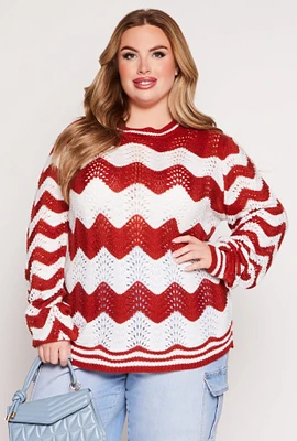 Womens Plus Size Chevron Pointelle Knit Sweater, Orange, Size 1X