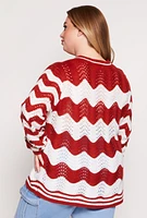 Womens Plus Size Chevron Pointelle Knit Sweater, Orange, Size 1X