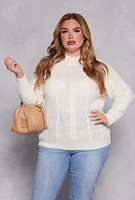 Womens Plus Size Cable Knit Mock Neck Sweater, White, Size 1X