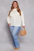 Womens Plus Size Cable Knit Mock Neck Sweater, White, Size 3X