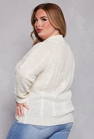 Womens Plus Size Cable Knit Mock Neck Sweater, White, Size 1X