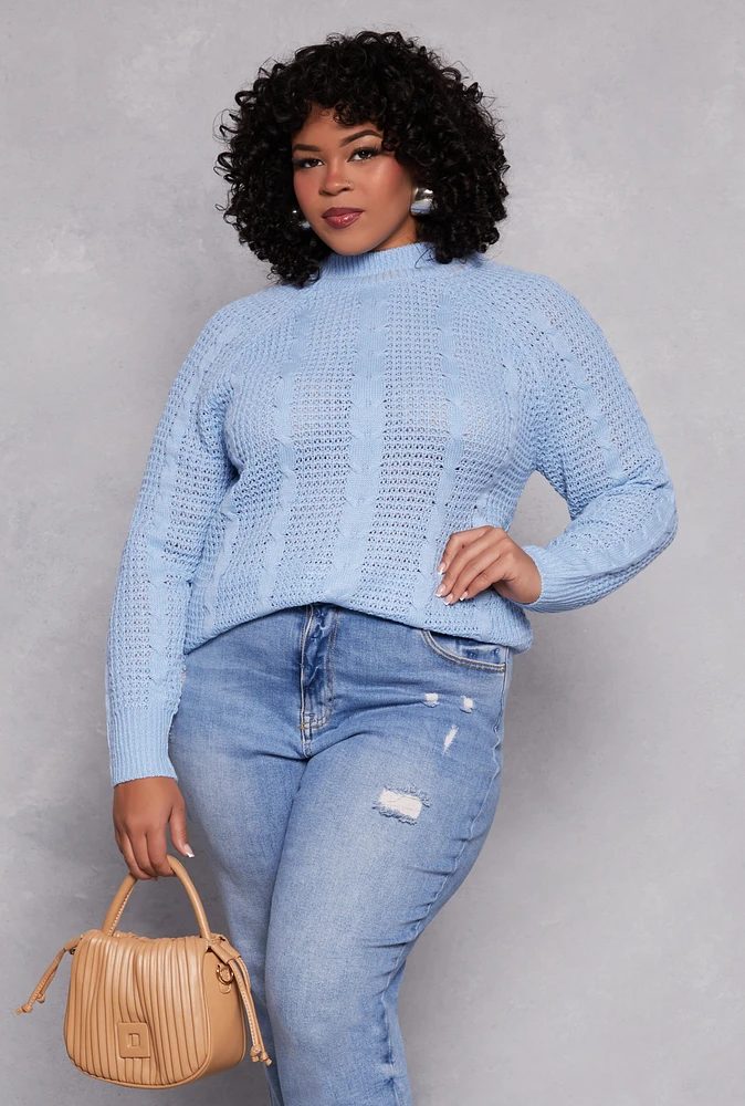 Womens Plus Size Cable Knit Mock Neck Sweater, Blue, Size 2X