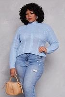 Womens Plus Size Cable Knit Mock Neck Sweater, Blue, Size 2X