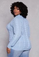 Womens Plus Size Cable Knit Mock Neck Sweater, Blue, Size 2X