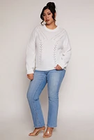 Womens Plus Size Pointelle Knit Crew Neck Sweater, White, Size 3X