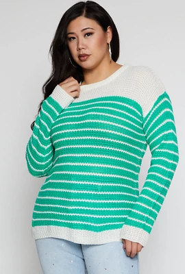 Womens Plus Crew Neck Striped Sweater,