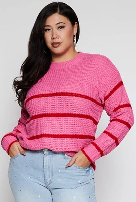 Womens Plus Size Striped Crew Neck Sweater, Pink, Size 2X