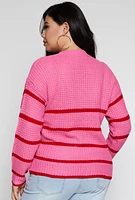Womens Plus Size Striped Crew Neck Sweater, Pink, Size 2X