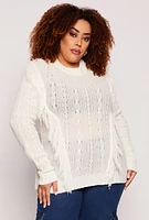 Womens Plus Size Fringe Cable Knit Sweater, White, Size 1X