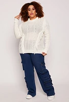 Womens Plus Size Fringe Cable Knit Sweater, White, Size 1X